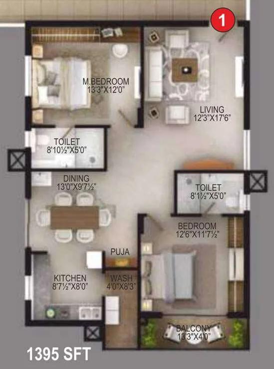 EIPL Apila 2 BHK floor plan, about 1,395 sq ft