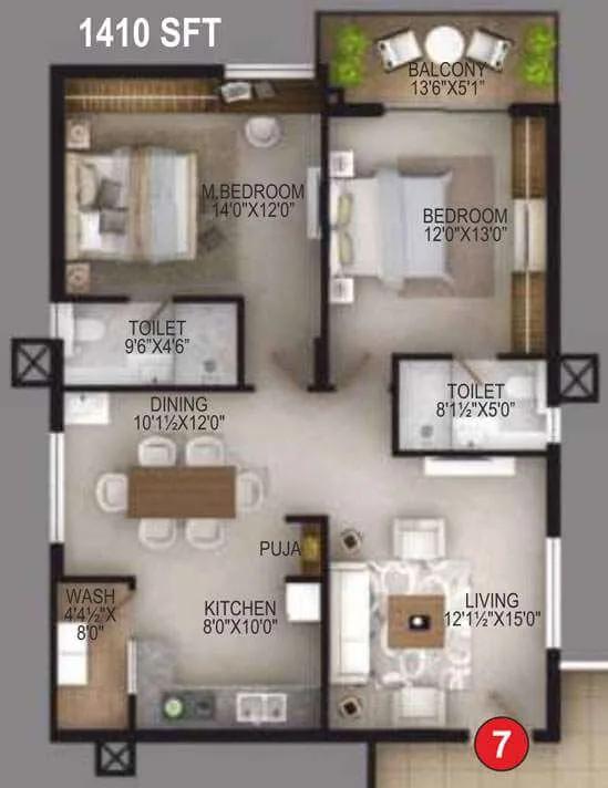 EIPL Apila 2 BHK floor plan, about 1,410 sq ft