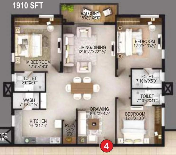 EIPL Apila 3 BHK floor plan, about 1,910 sq ft