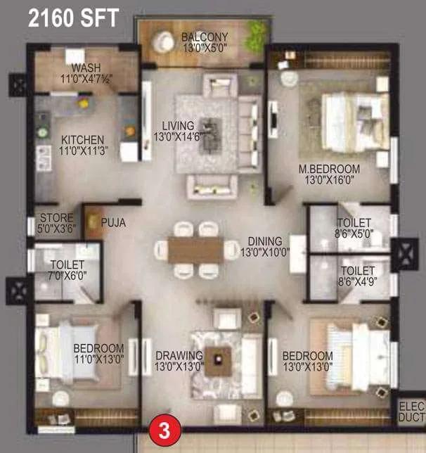 EIPL Apila 3 BHK floor plan, about 2,160 sq ft