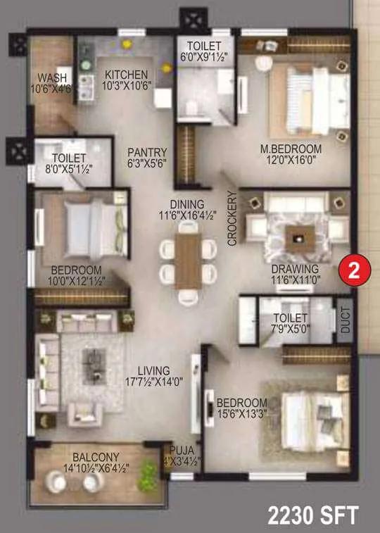 EIPL Apila 3 BHK floor plan, about 2,230 sq ft