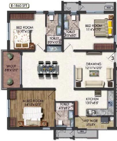 Jayabheri Summit 3 BHK floor plan, about 1,860 sq ft