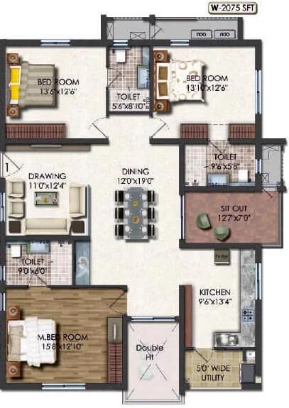Jayabheri Summit 3 BHK floor plan, about 2,075 sq ft