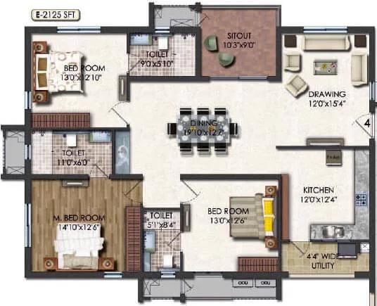 Jayabheri Summit 3 BHK floor plan, about 2,125 sq ft