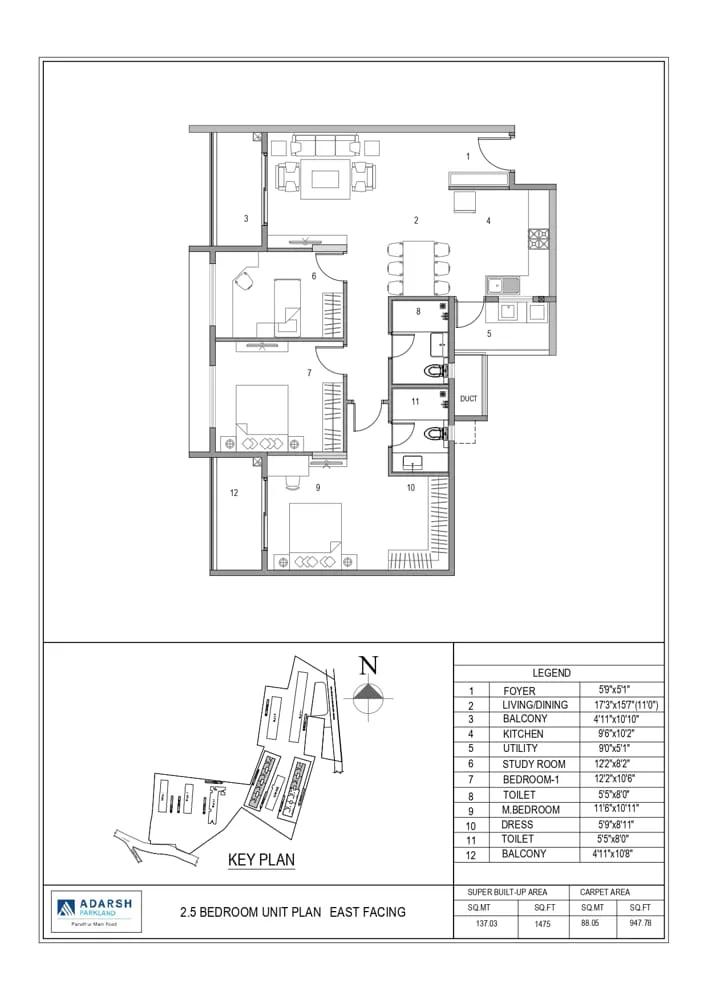 Adarsh Parkland 2.5 BHK floor plan, about 1,475 sq ft