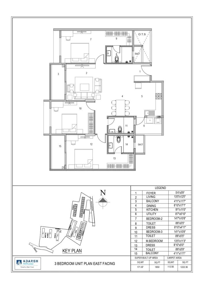 Adarsh Parkland 3 BHK floor plan, about 1,850 sq ft