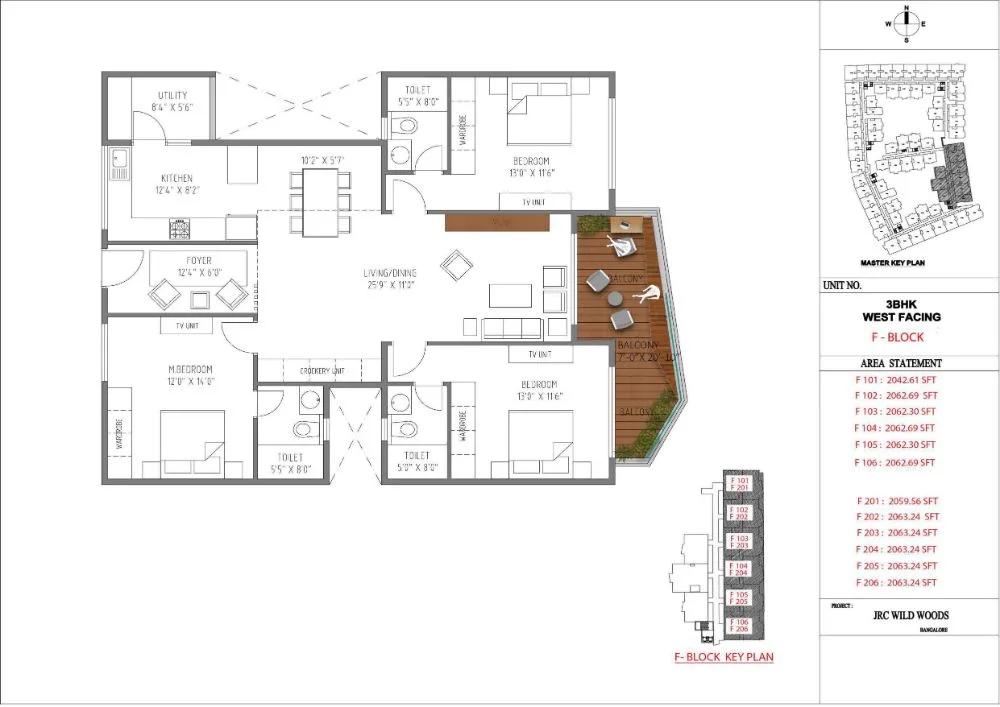 JRC Wild Woods 3 BHK floor plan, about 2,063 sq ft