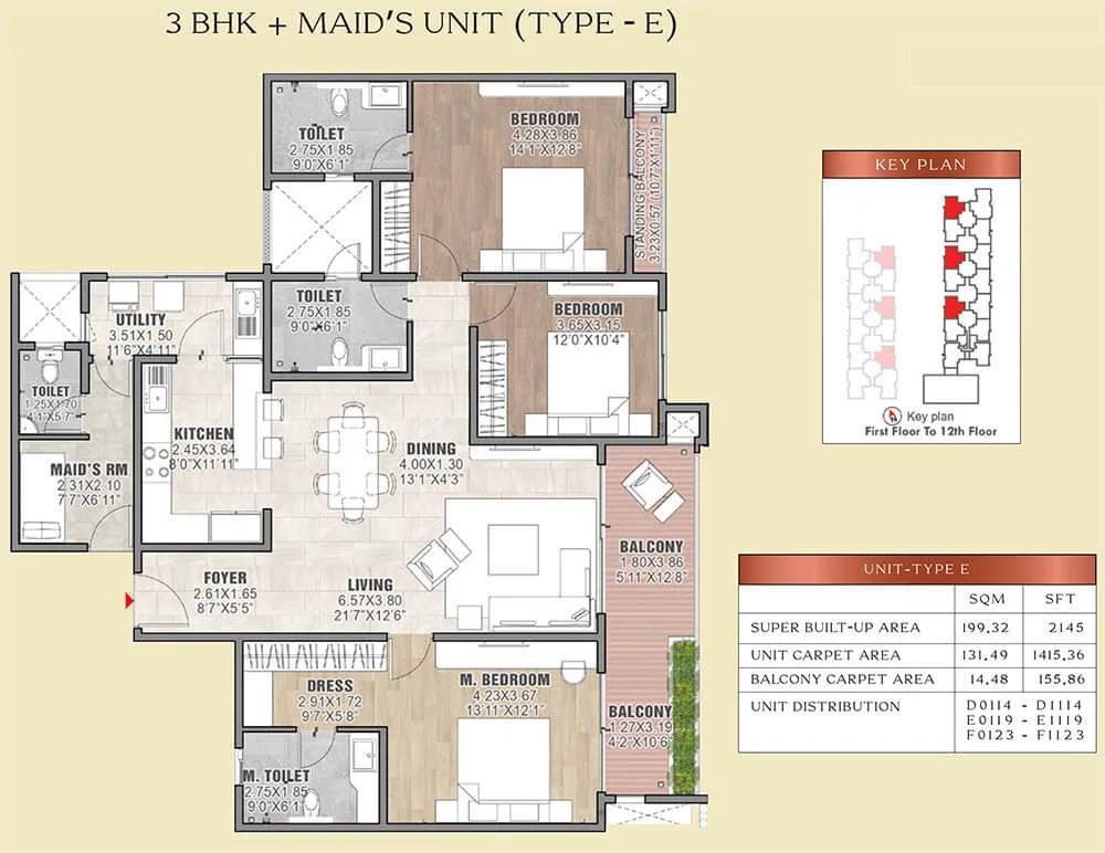 Brigade Insignia 3 BHK floor plan, about 2,145 sq ft