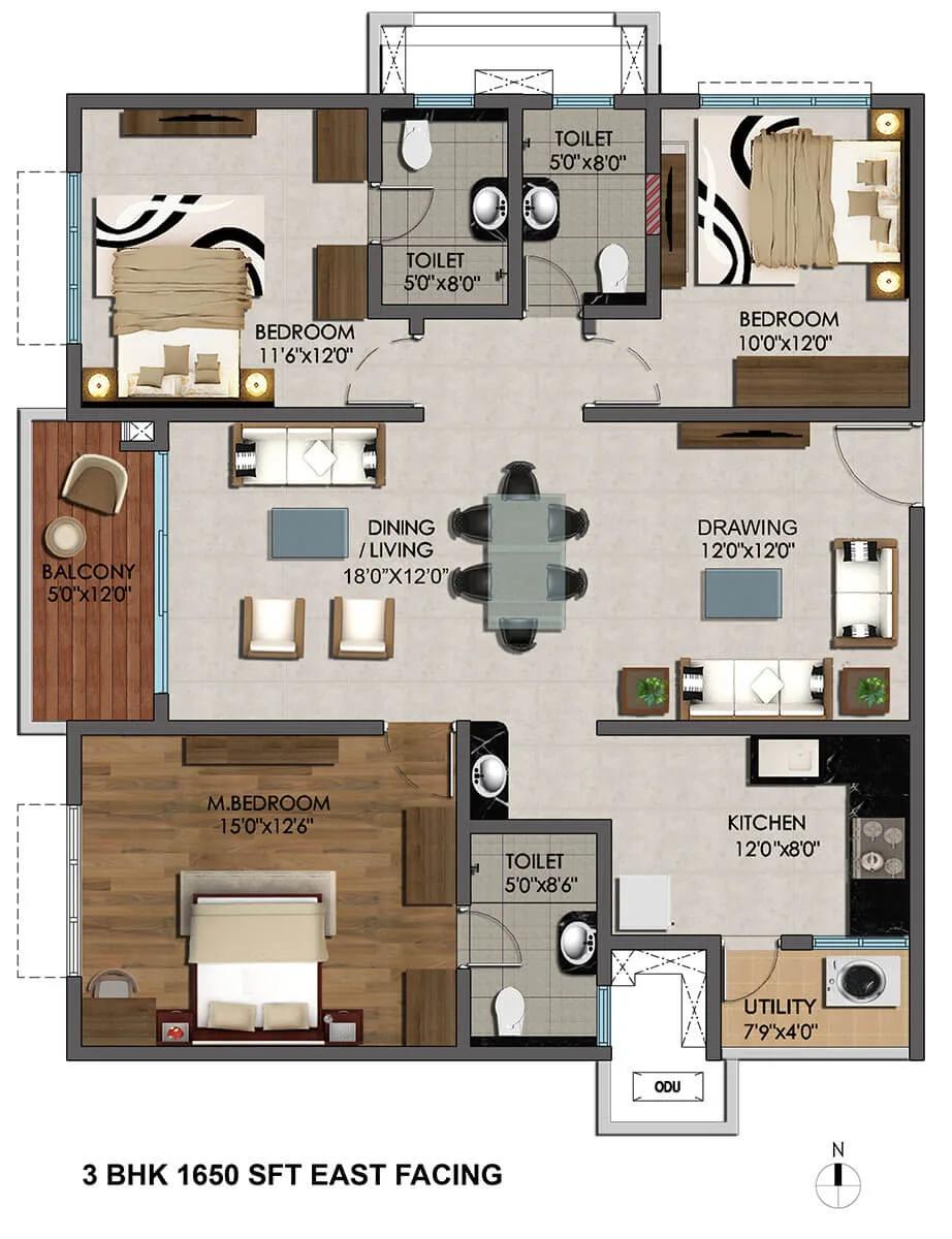 Cybercity Marina Skies 3 BHK floor plan, about 1,650 sq ft
