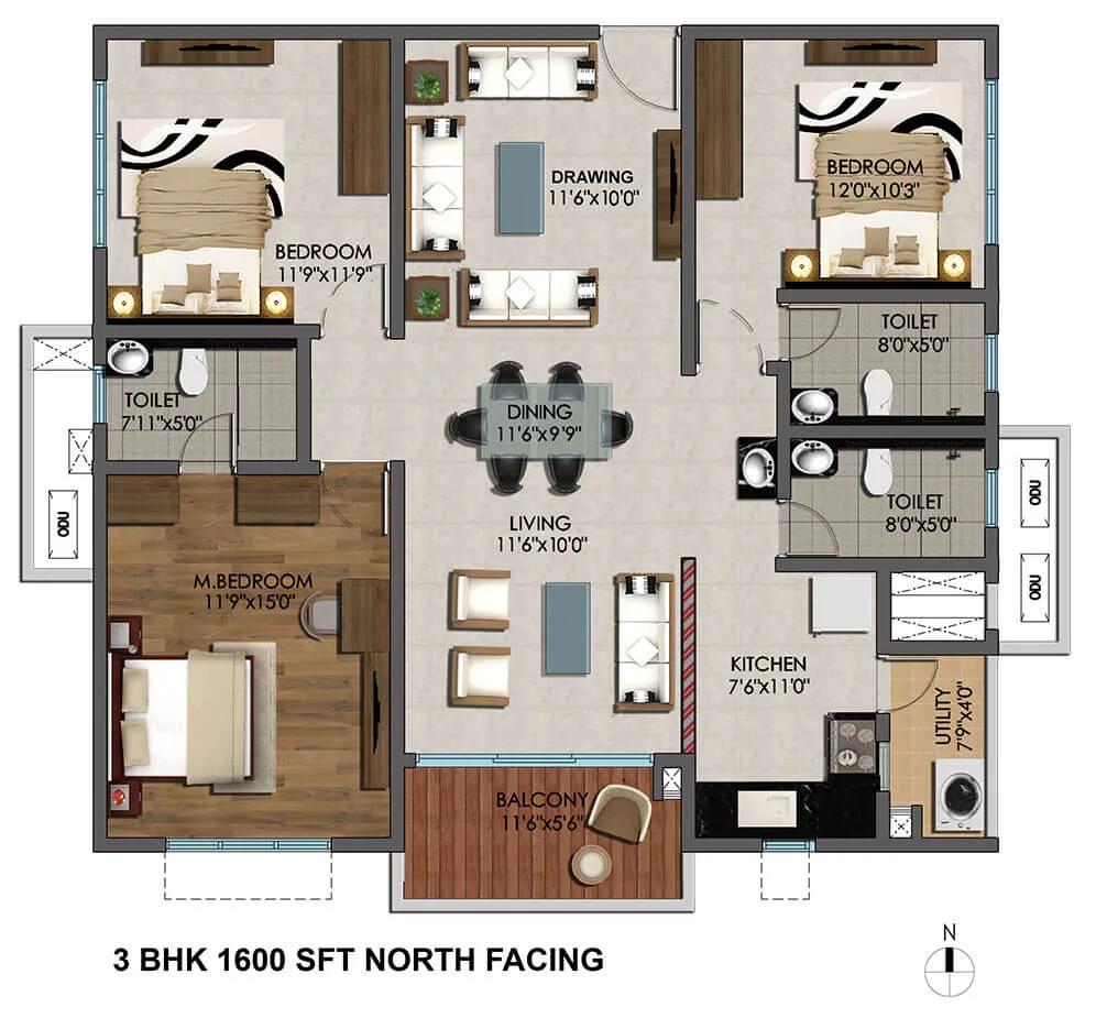 Cybercity Marina Skies 3 BHK floor plan, about 1,600 sq ft