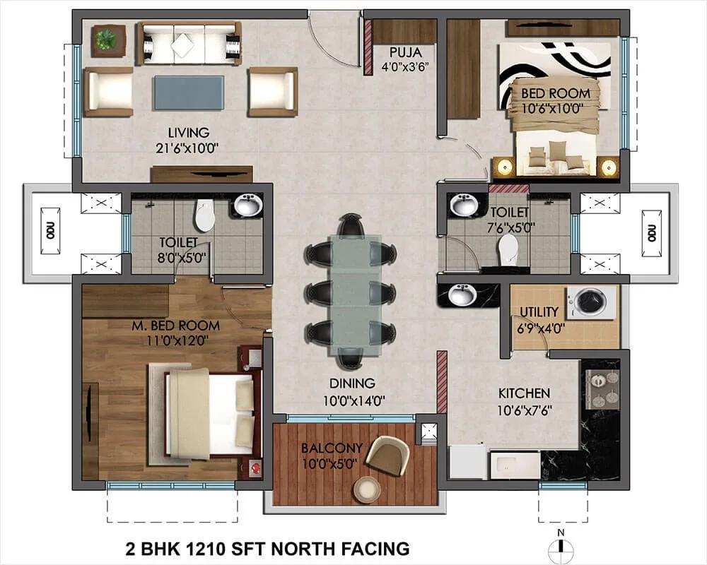 Cybercity Marina Skies 2 BHK floor plan, about 1,210 sq ft