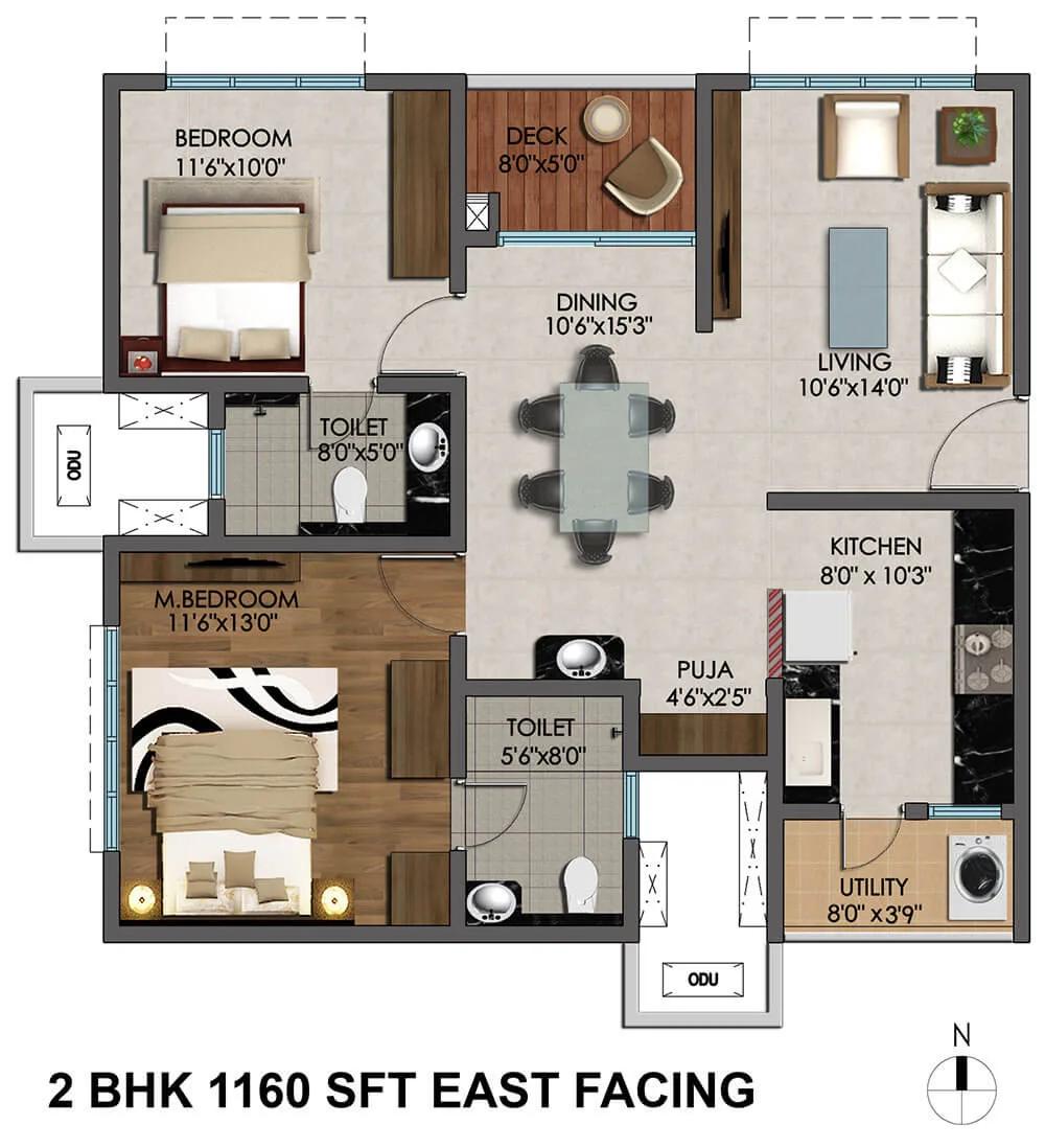 Cybercity Marina Skies 2 BHK floor plan, about 1,160 sq ft