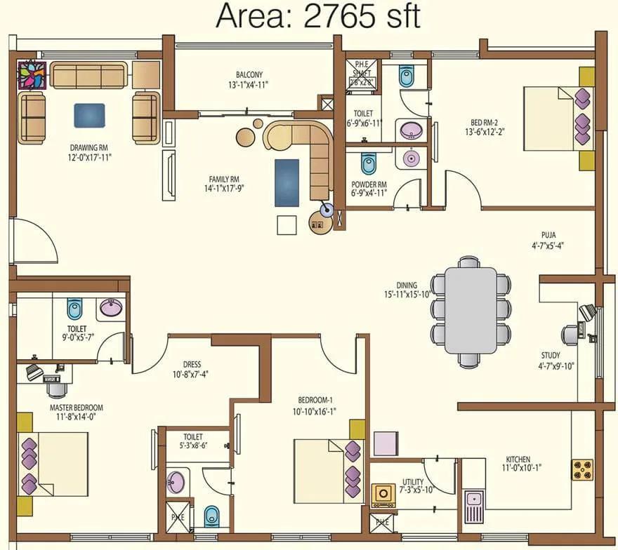 Lanco Hills Apartments 3 BHK floor plan, about 2,765 sq ft