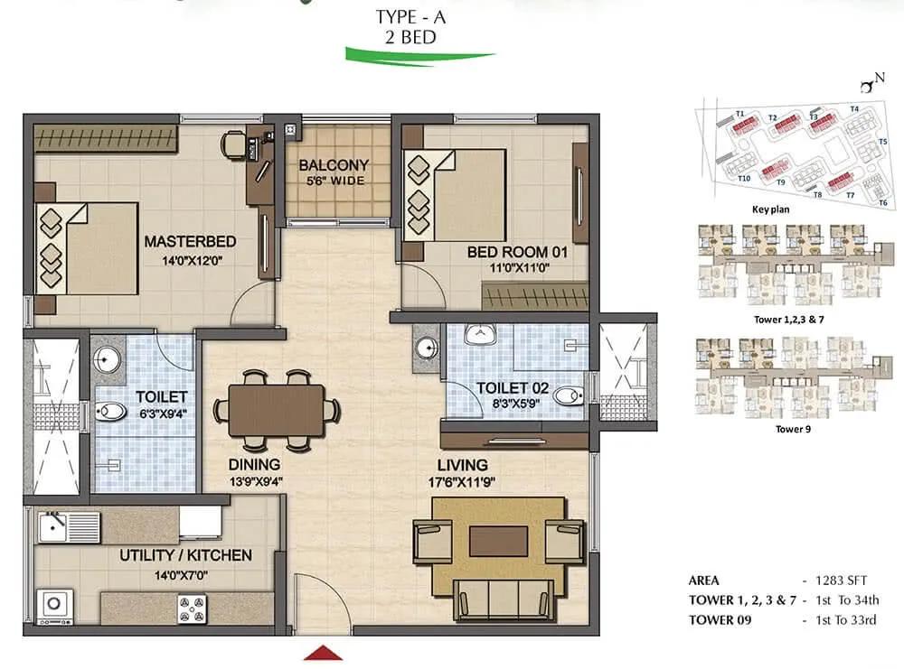 Prestige High Fields 2 BHK floor plan, about 1,283 sq ft