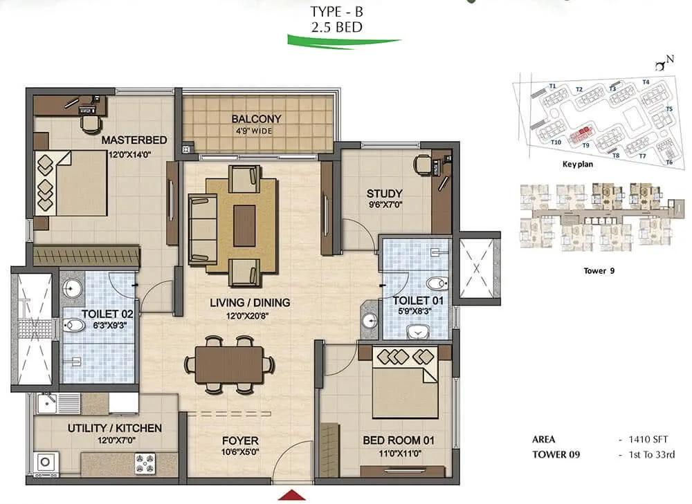 Prestige High Fields 2.5 BHK floor plan, about 1,410 sq ft