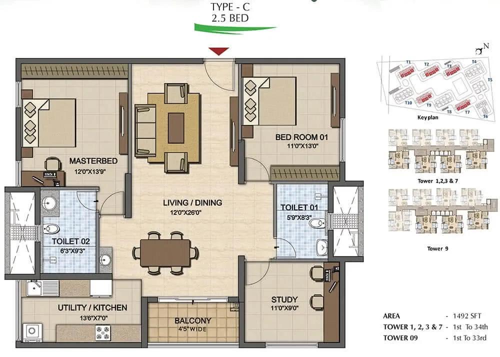 Prestige High Fields 2.5 BHK floor plan, about 1,492 sq ft