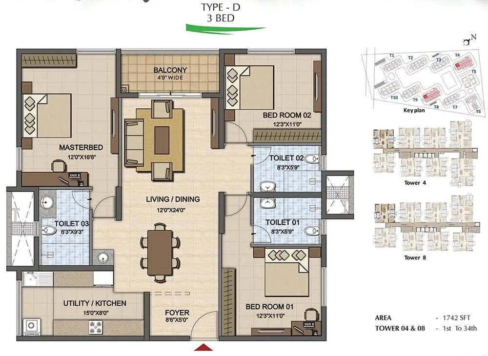 Prestige High Fields 3 BHK floor plan, about 1,742 sq ft