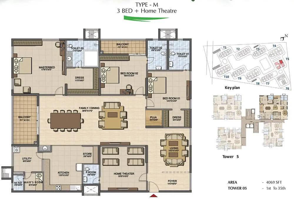 Prestige High Fields 3 BHK floor plan, about 4,069 sq ft