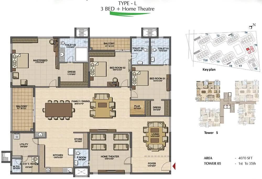 Prestige High Fields 3 BHK floor plan, about 4,070 sq ft