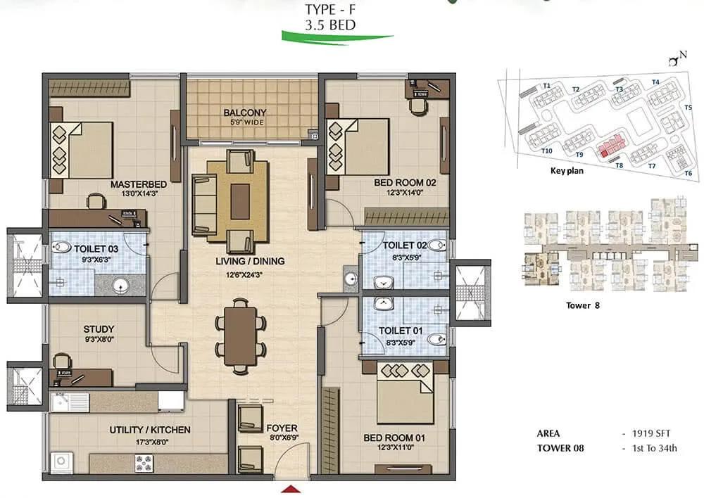 Prestige High Fields 3.5 BHK floor plan, about 1,919 sq ft