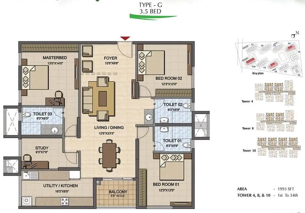 Prestige High Fields 3.5 BHK floor plan, about 1,993 sq ft