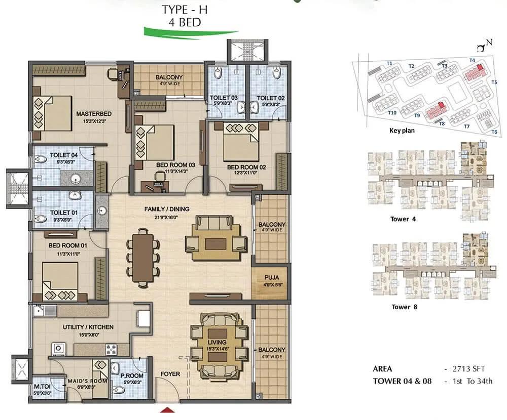 Prestige High Fields 4 BHK floor plan, about 2,713 sq ft