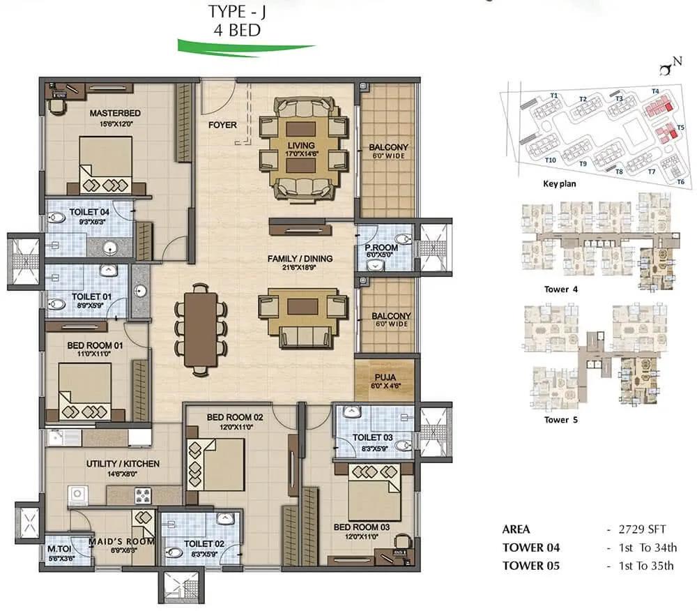Prestige High Fields 4 BHK floor plan, about 2,729 sq ft