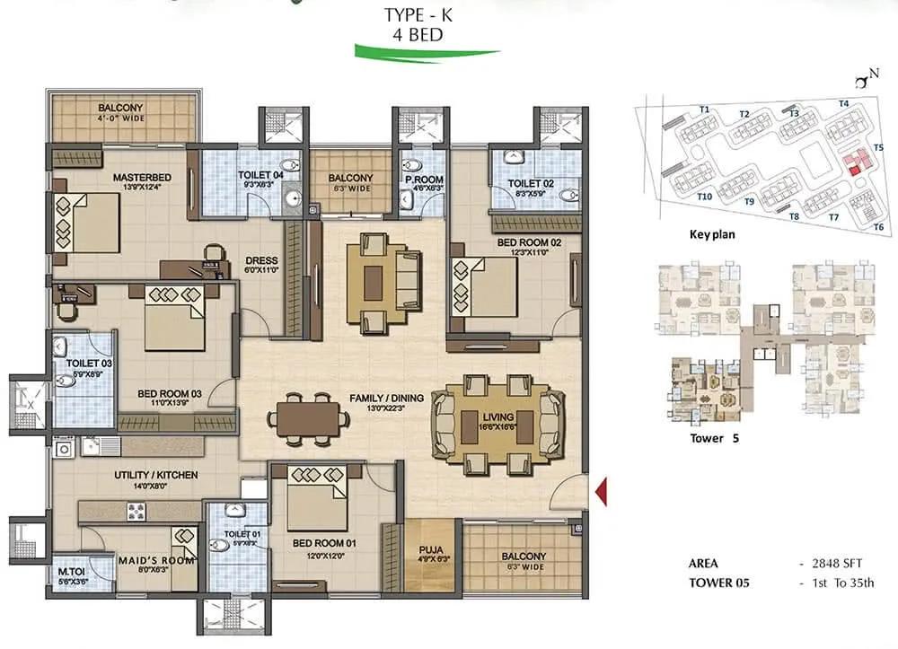 Prestige High Fields 4 BHK floor plan, about 2,848 sq ft