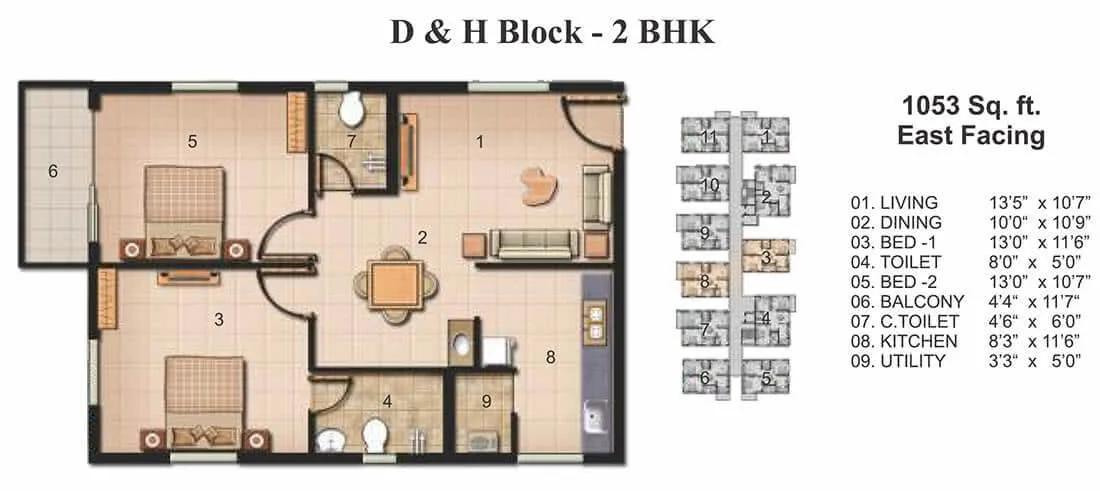 Jains Carlton Creek 2 BHK floor plan, about 1,053 sq ft