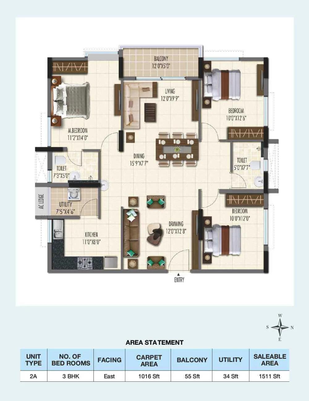 Ramky One Galaxia 3 BHK floor plan, about 1,511 sq ft