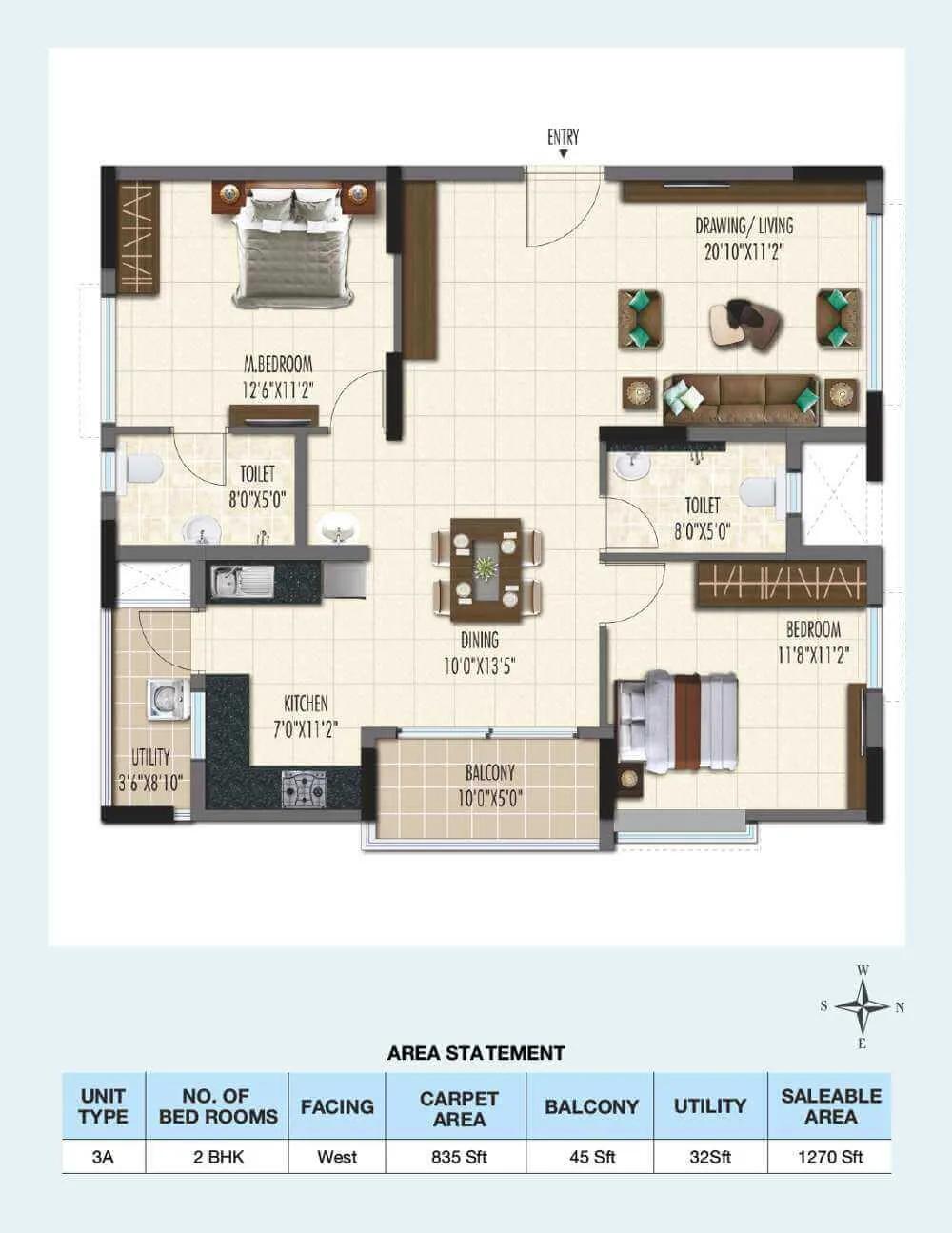 Ramky One Galaxia 2 BHK floor plan, about 1,270 sq ft