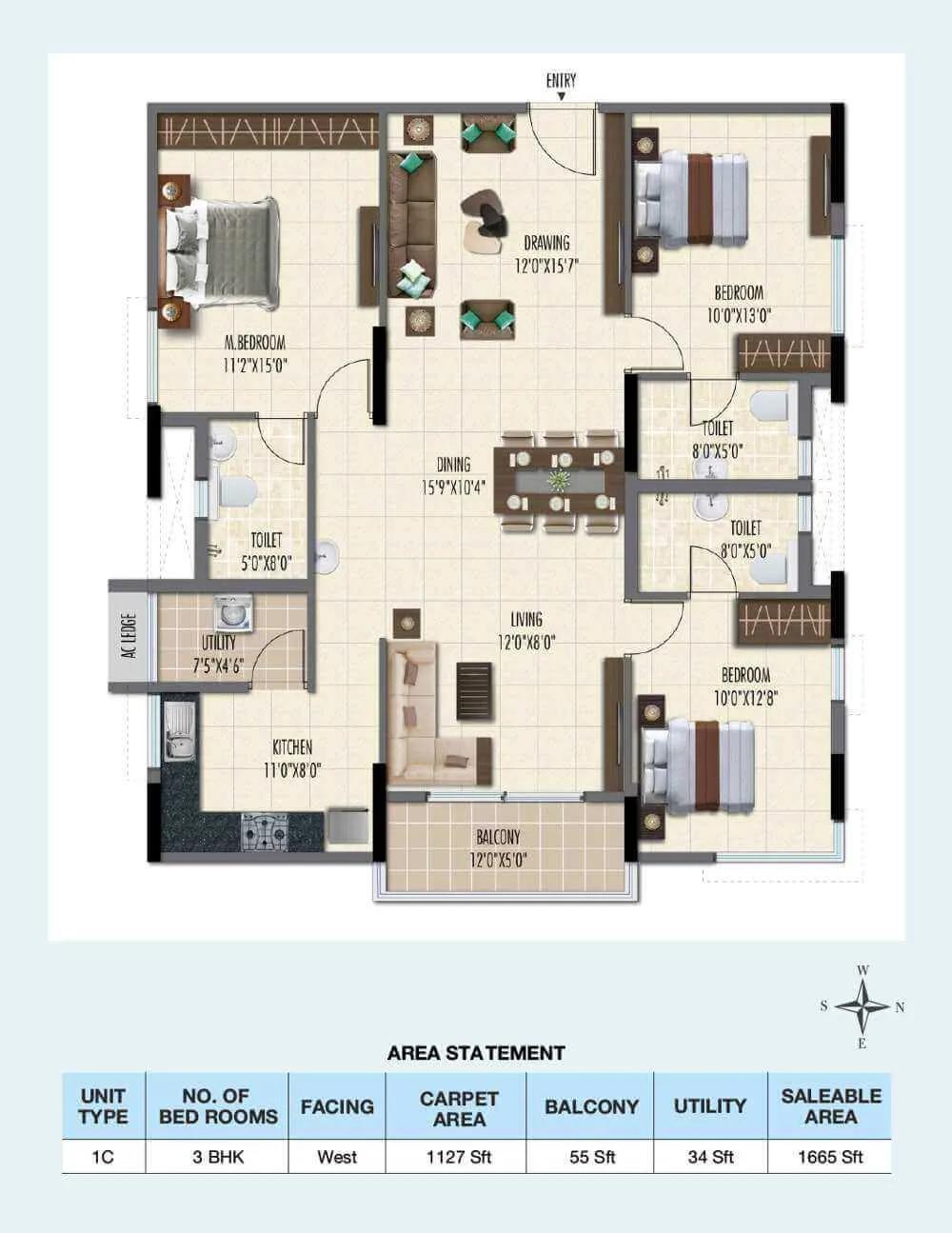Ramky One Galaxia 3 BHK floor plan, about 1,665 sq ft