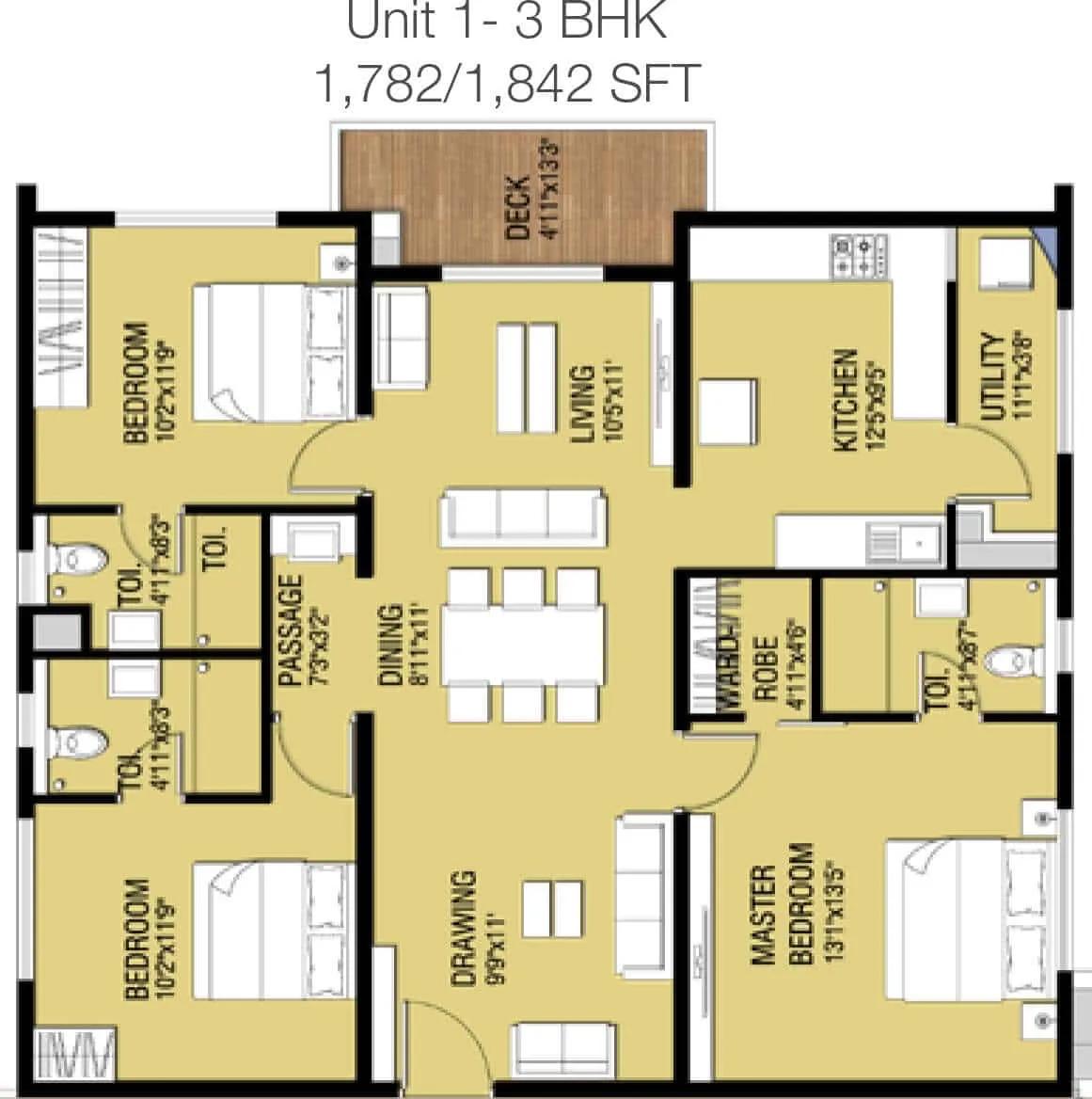 Incor One City 3 BHK floor plan, about 1,842 sq ft