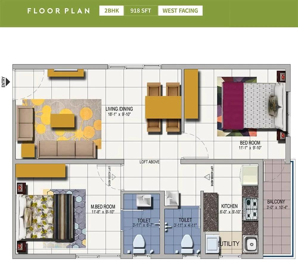 Urbanrise Spring Is In The Air 2 BHK floor plan, about 918 sq ft