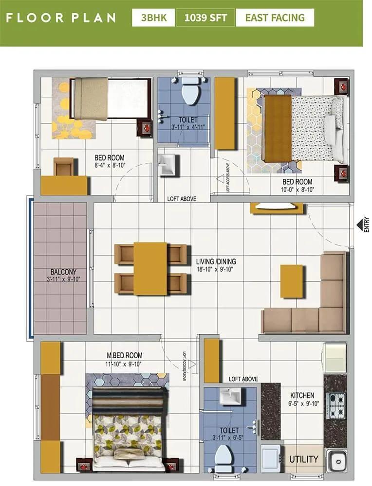 Urbanrise Spring Is In The Air 3 BHK floor plan, about 1,039 sq ft