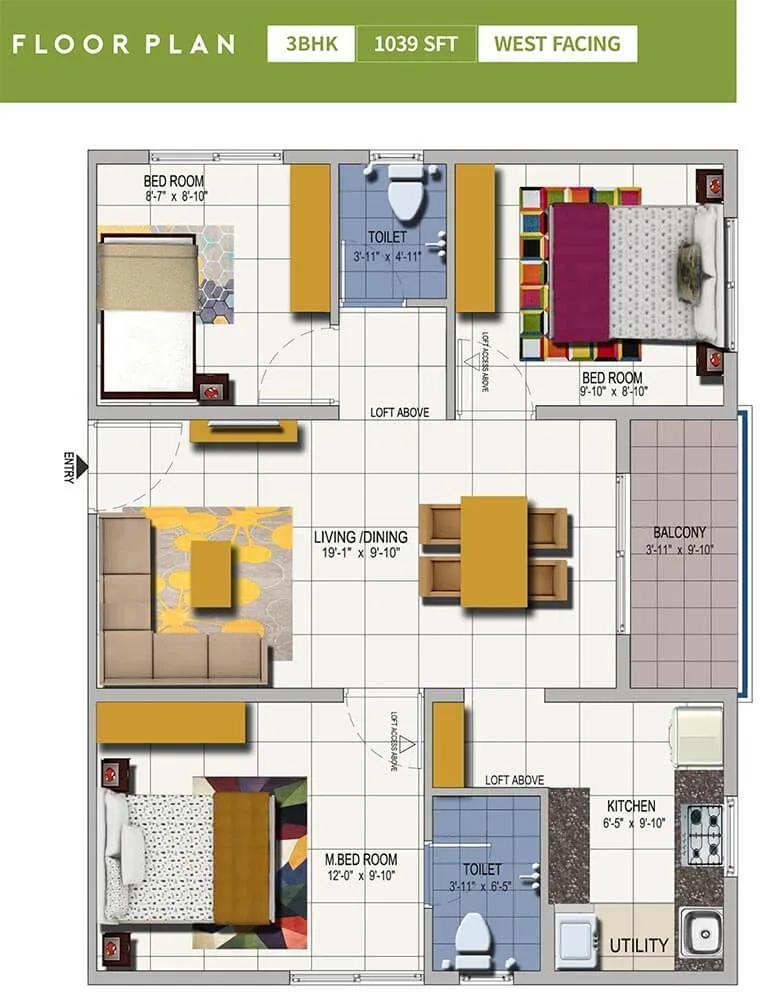 Urbanrise Spring Is In The Air 3 BHK floor plan, about 1,039 sq ft