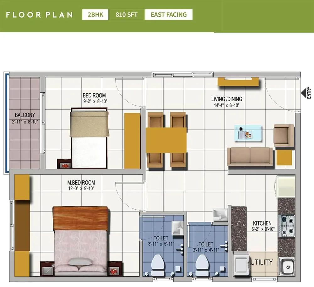 Urbanrise Spring Is In The Air 2 BHK floor plan, about 810 sq ft