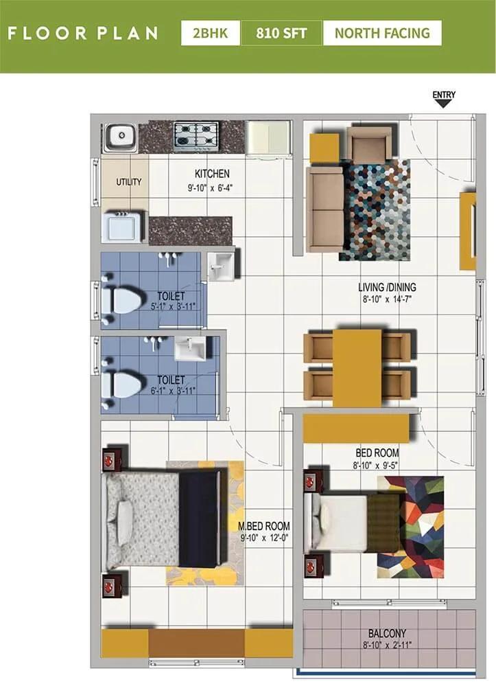 Urbanrise Spring Is In The Air 2 BHK floor plan, about 810 sq ft