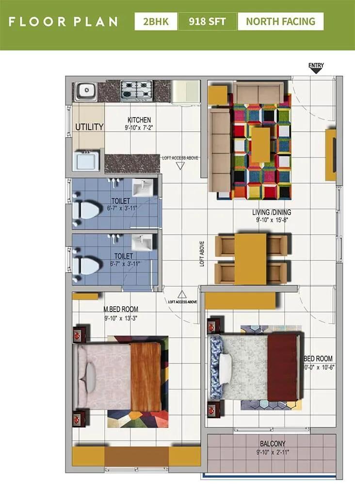 Urbanrise Spring Is In The Air 2 BHK floor plan, about 918 sq ft