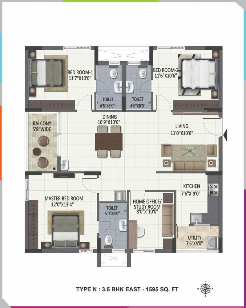 Ramky One Harmony 3.5 BHK floor plan, about 1,595 sq ft