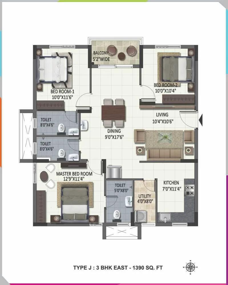Ramky One Harmony 3 BHK floor plan, about 1,390 sq ft