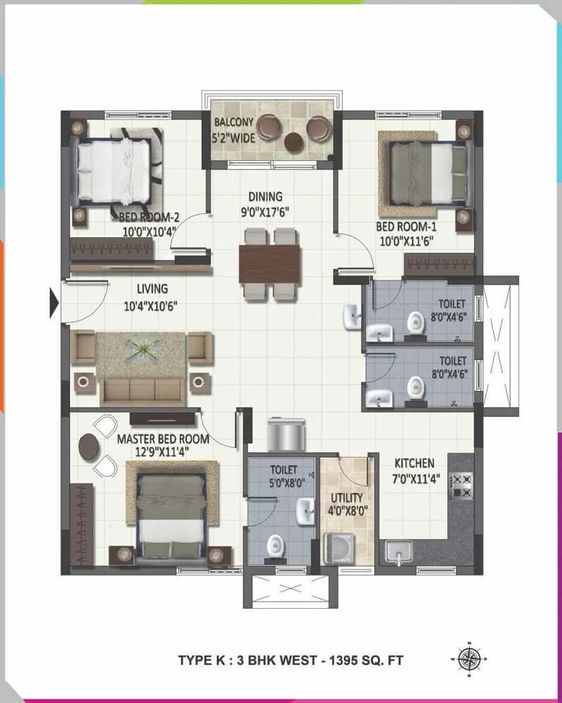 Ramky One Harmony 3 BHK floor plan, about 1,395 sq ft