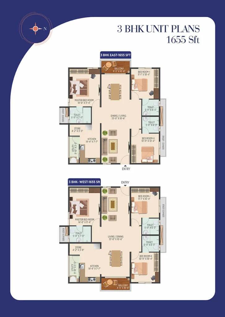 Muppa Melody 3 BHK floor plan, about 1,655 sq ft