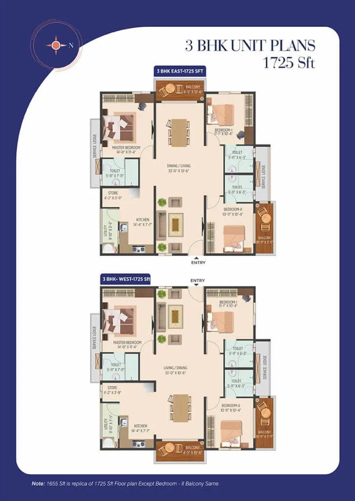 Muppa Melody 3 BHK floor plan, about 1,725 sq ft
