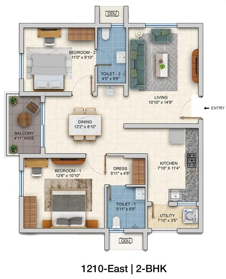 ASBL Springs 2 BHK floor plan, about 1,210 sq ft