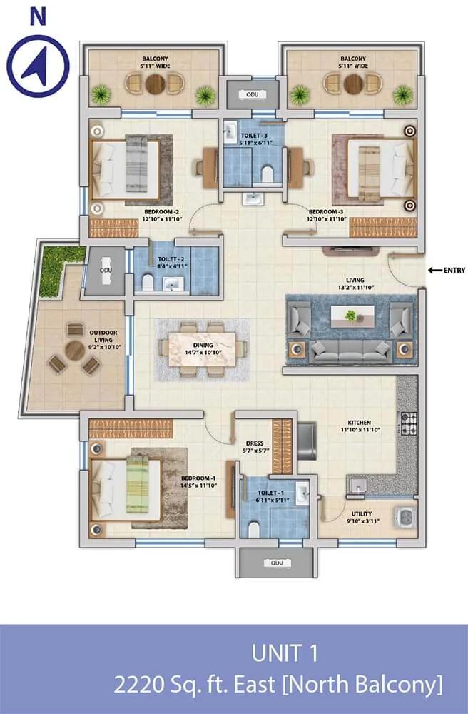ASBL Spectra 3 BHK floor plan, about 2,220 sq ft