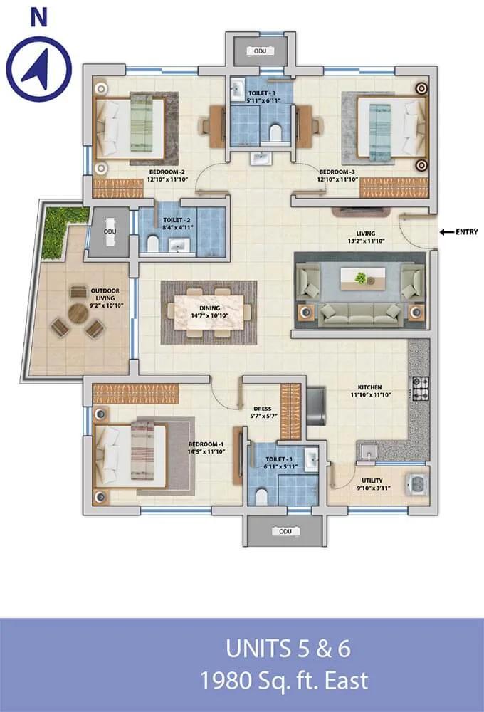 ASBL Spectra 3 BHK floor plan, about 1,980 sq ft