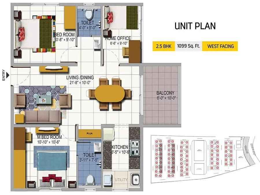 Urbanrise Cloud 33 2.5 BHK floor plan, about 1,099 sq ft