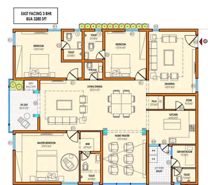 Vasavi Atlantis 3 BHK floor plan, about 3,280 sq ft