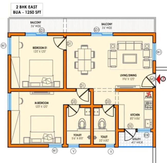 Vasavi Atlantis 2 BHK floor plan, about 1,250 sq ft